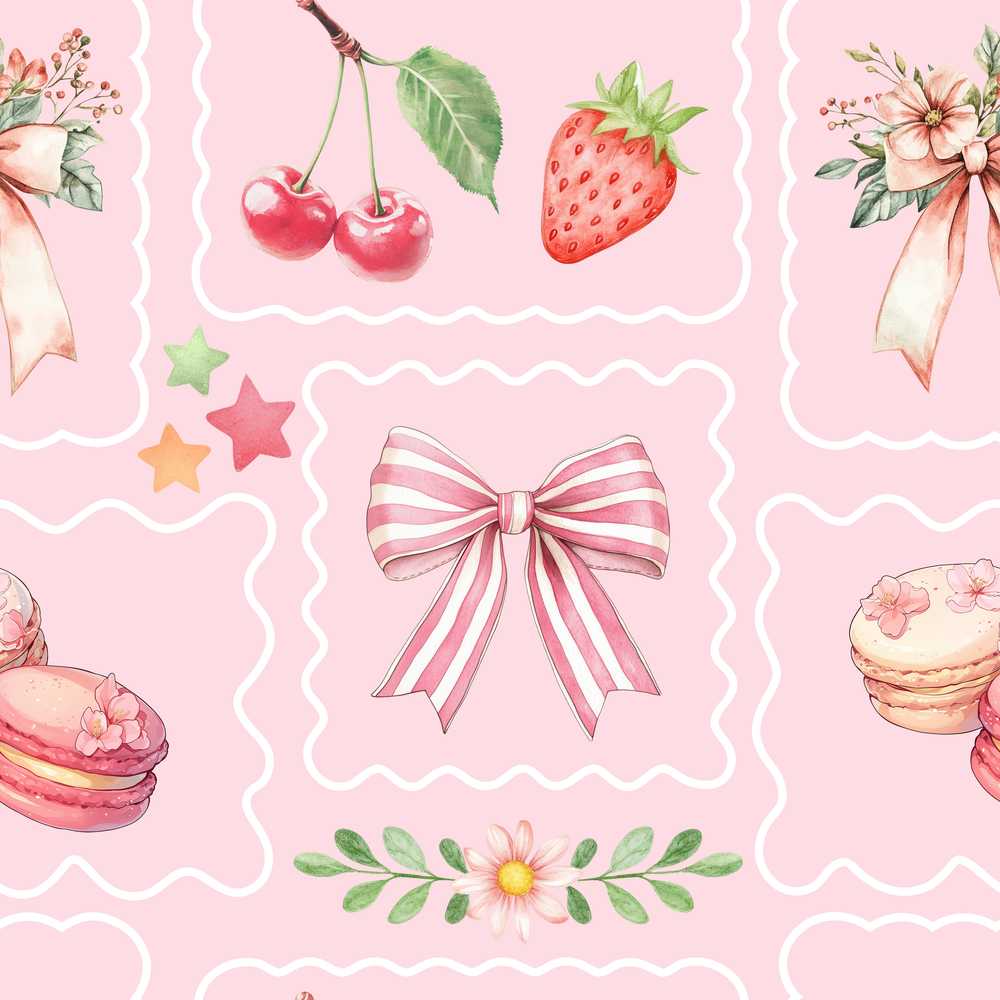 Cute Strawberry Cherry Ribbon Bow Sweet Dessert Soft Pink Background