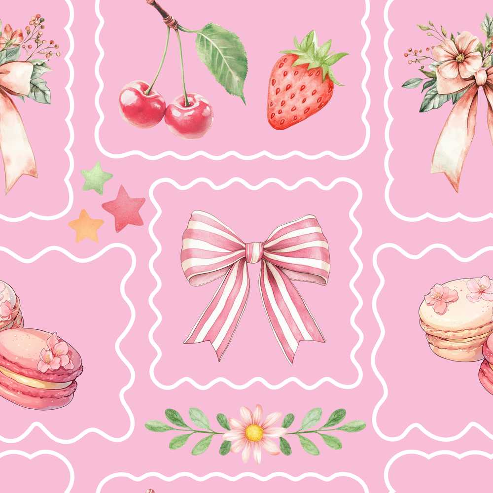 Cute Strawberry Cherry Ribbon Bow Sweet Dessert Warm Beige Background