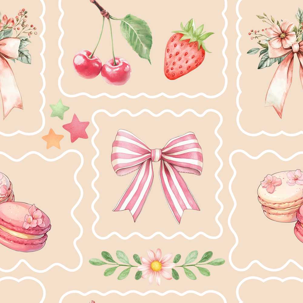 Cute Strawberry Cherry Ribbon Bow Sweet Dessert Pastel Cream Background