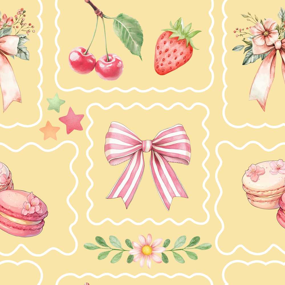 Cute Strawberry Cherry Ribbon Bow Sweet Dessert Yellow Background