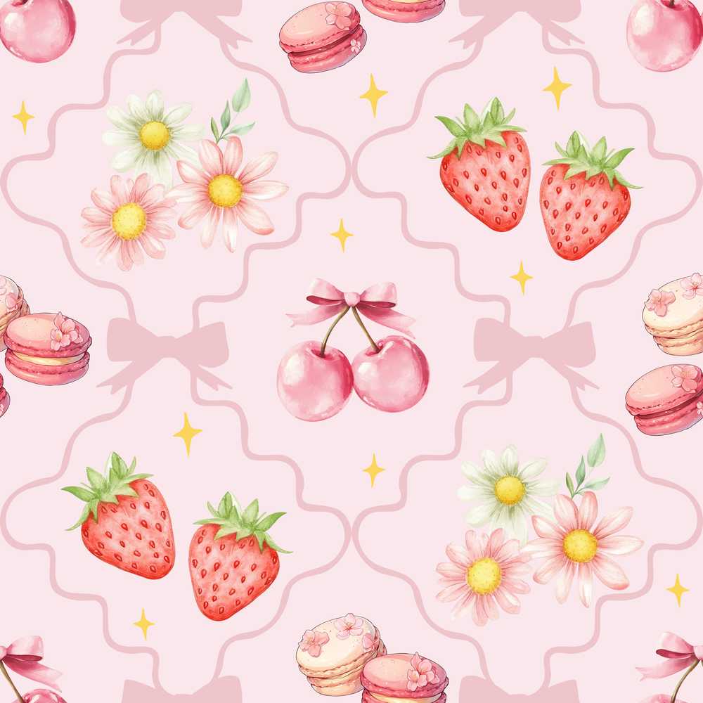 Strawberry Cherry Daisy Floral Bow Sweet Dessert Soft Blush Pink