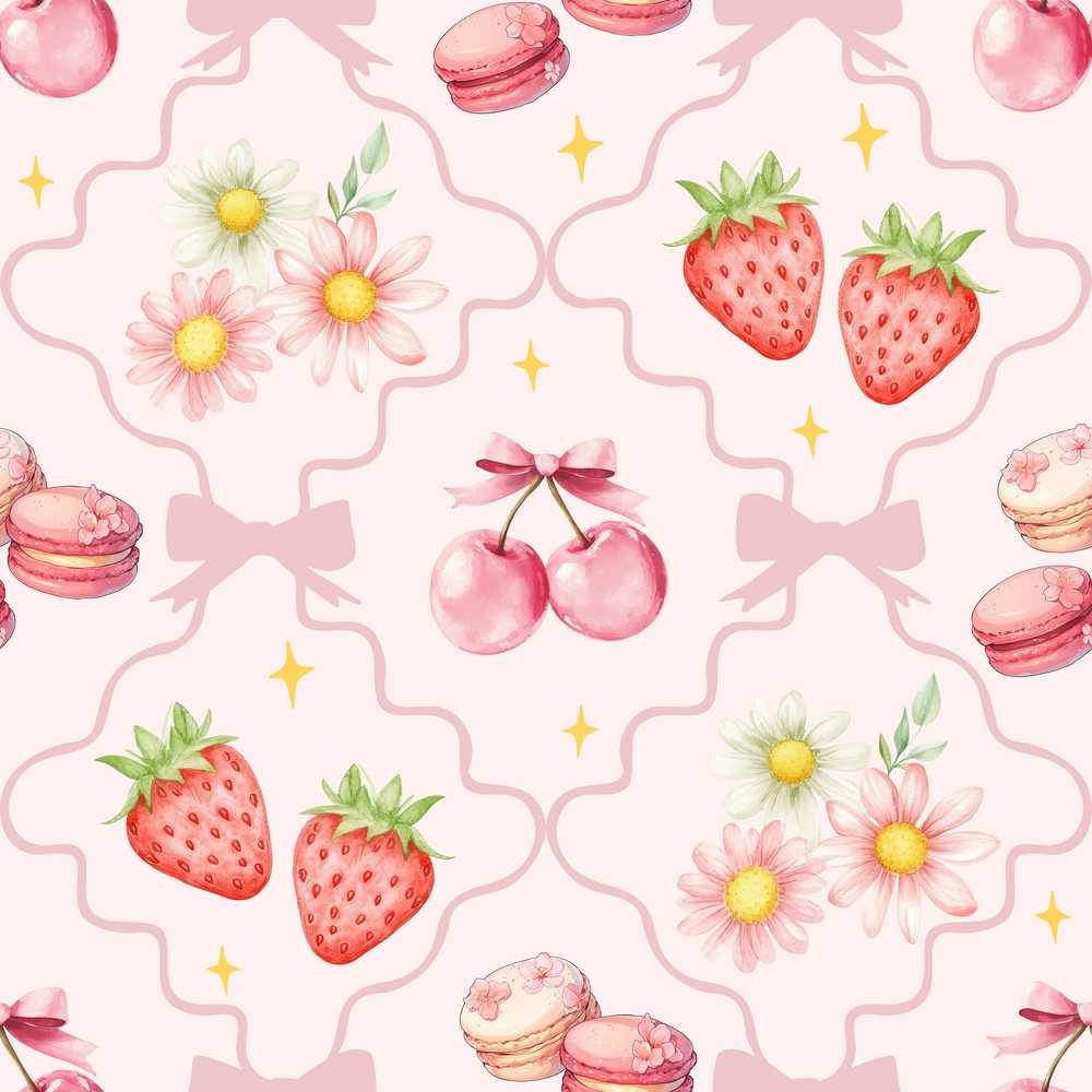 Cute Strawberry Cherry Daisy Floral Bow Sweet Dessert Warm Cream