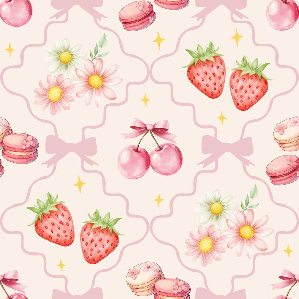 Cute Strawberry Cherry Daisy Floral Bow Sweet Dessert Pale Neutral