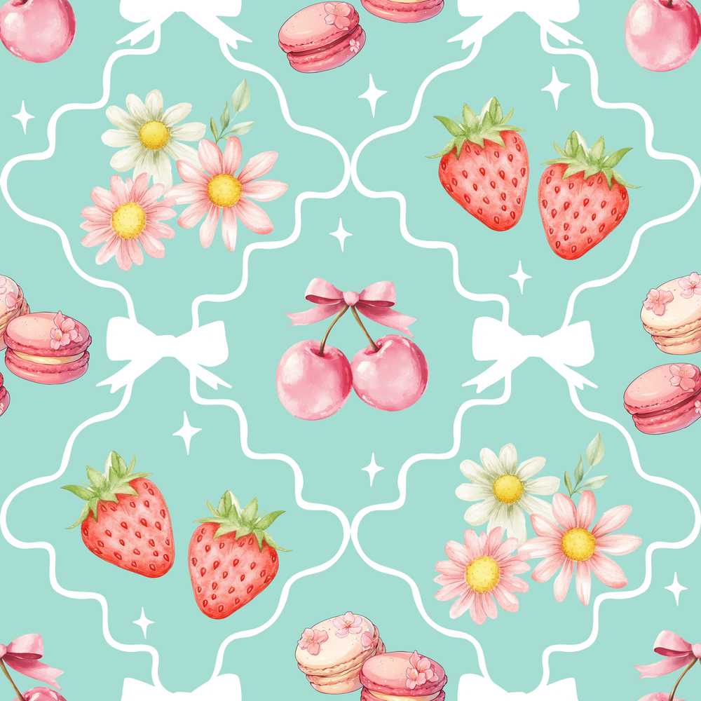 Cute Strawberry Cherry Daisy Floral Bow Sweet Dessert Teal Green