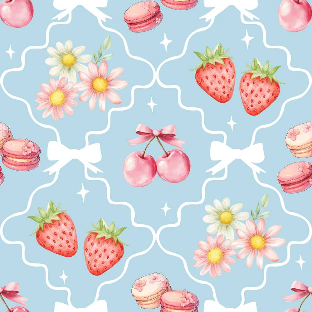 Cute Strawberry Cherry Daisy Floral Bow Sweet Dessert Dusty Blue