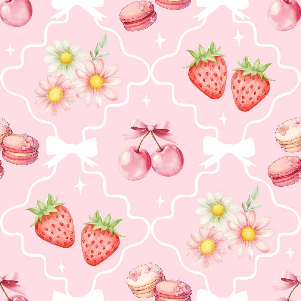 Strawberry Cherry Daisy Floral Bow Sweet Dessert Light Rose Pink