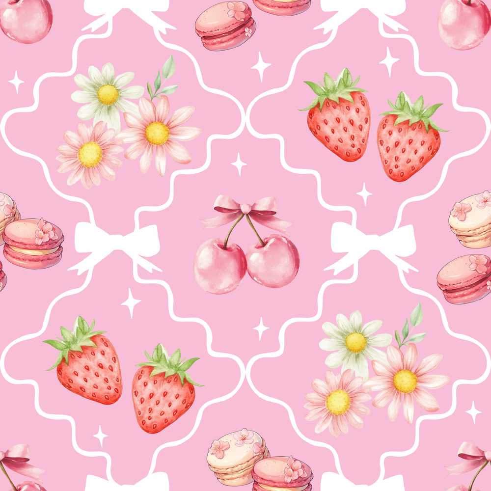 Cute Strawberry Cherry Daisy Floral Bow Sweet Dessert Soft Pink