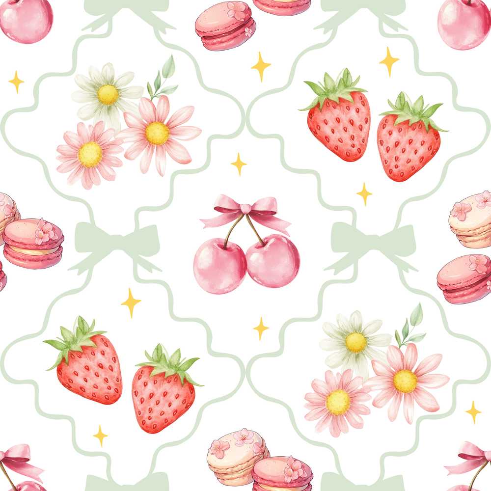 Strawberry Cherry Daisy Floral Bow Sweet Dessert Sage Green Outline