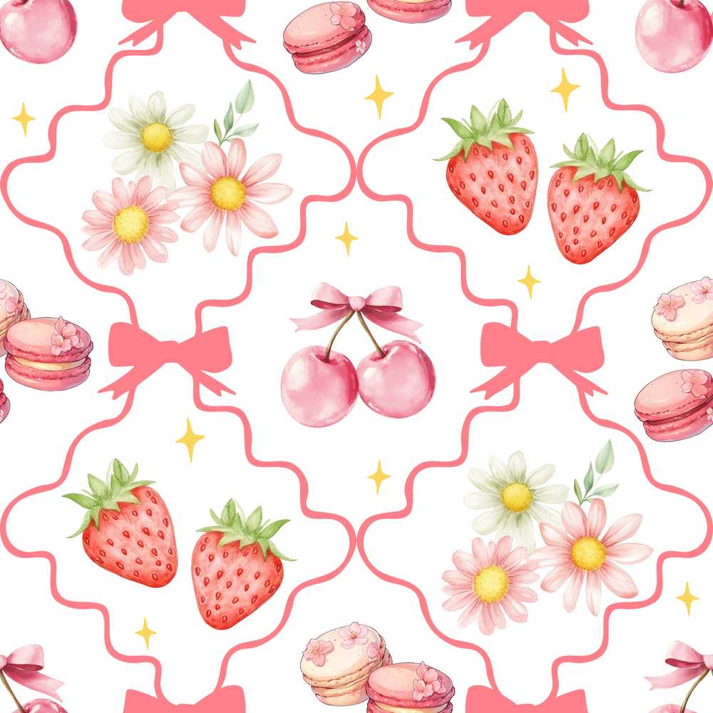 Strawberry Cherry Daisy Floral Bow Sweet Dessert Coral Red Outline
