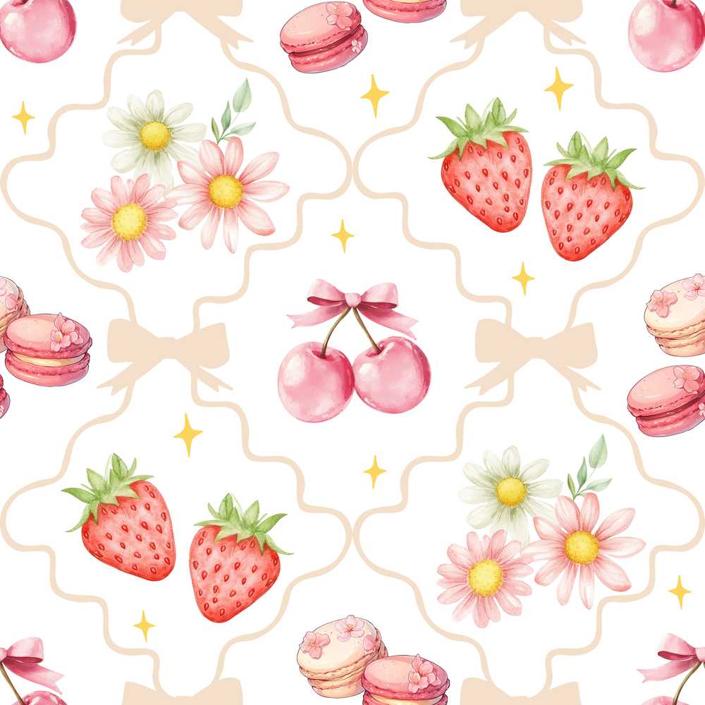 Strawberry Cherry Daisy Floral Bow Sweet Dessert Warm Beige Outline