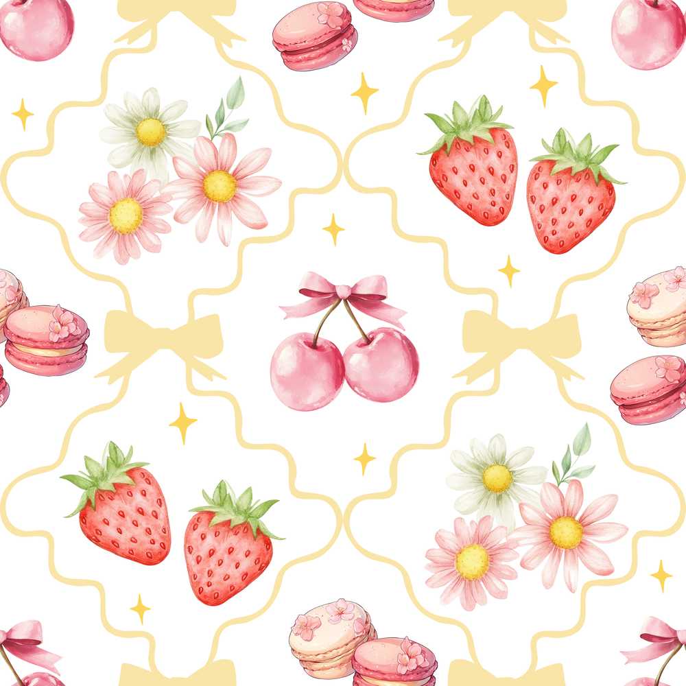 Strawberry Cherry Daisy Floral Bow Sweet Dessert Yellow Outline Background