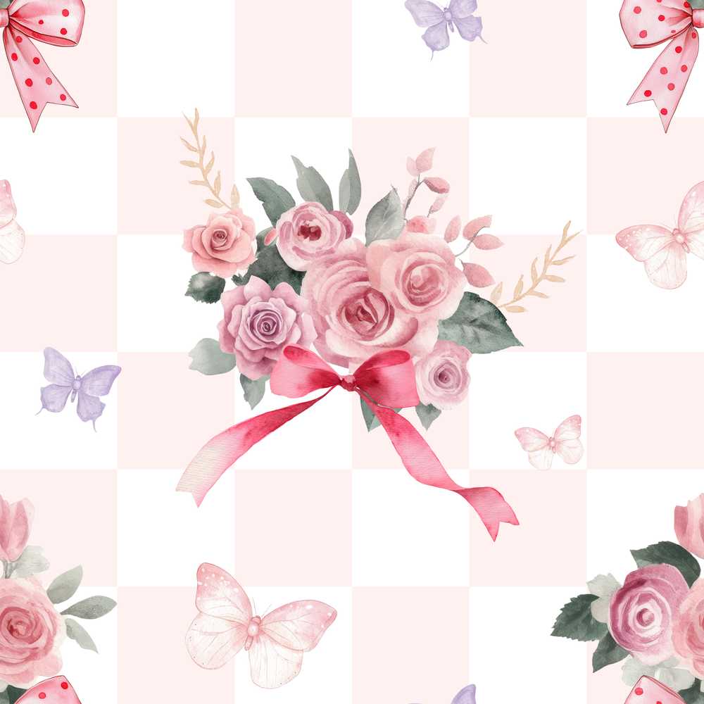 Elegant Watercolor Rose Bouquet Ribbon Butterfly Pastel Check Background