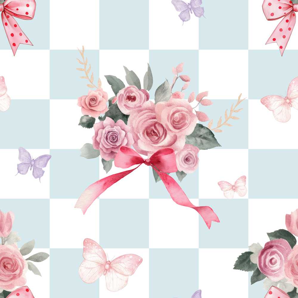Elegant Watercolor Rose Bouquet Ribbon Butterfly Soft Blue Check Background