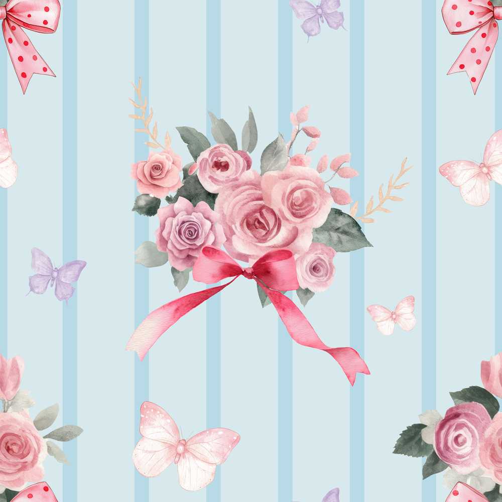 Elegant Watercolor Rose Bouquet Ribbon Butterfly Soft Blue Stripe Background