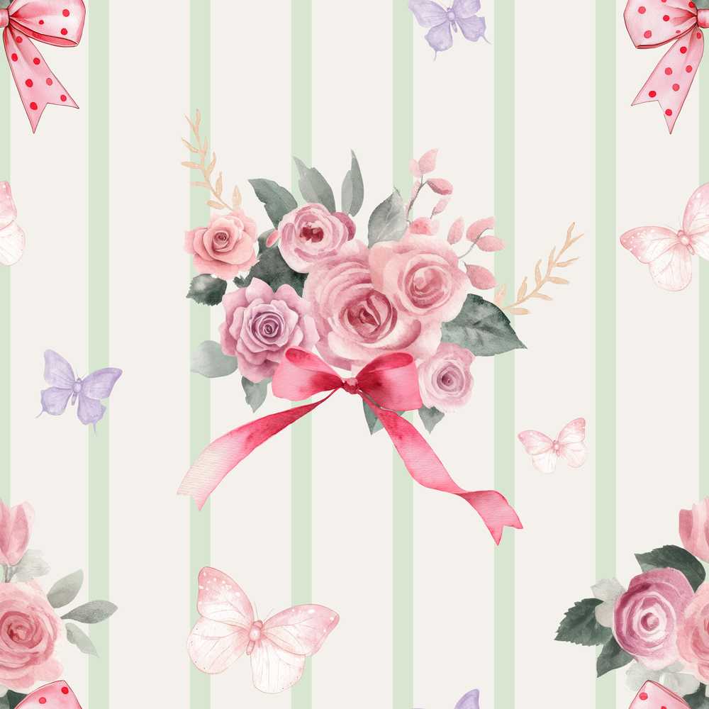 Elegant Watercolor Rose Bouquet Ribbon Butterfly Sage Stripe Background