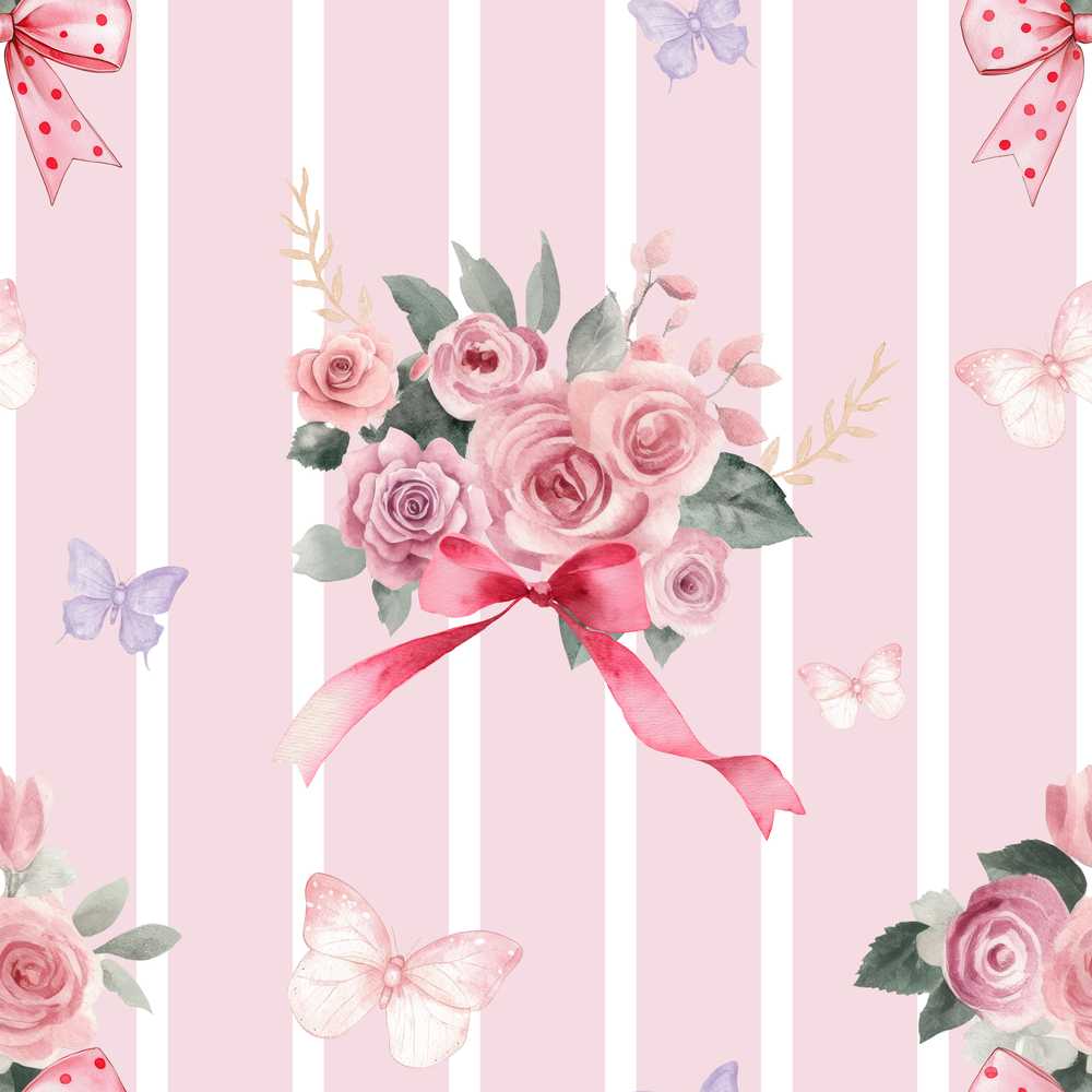 Elegant Watercolor Rose Bouquet Ribbon Butterfly Blush Stripe Background