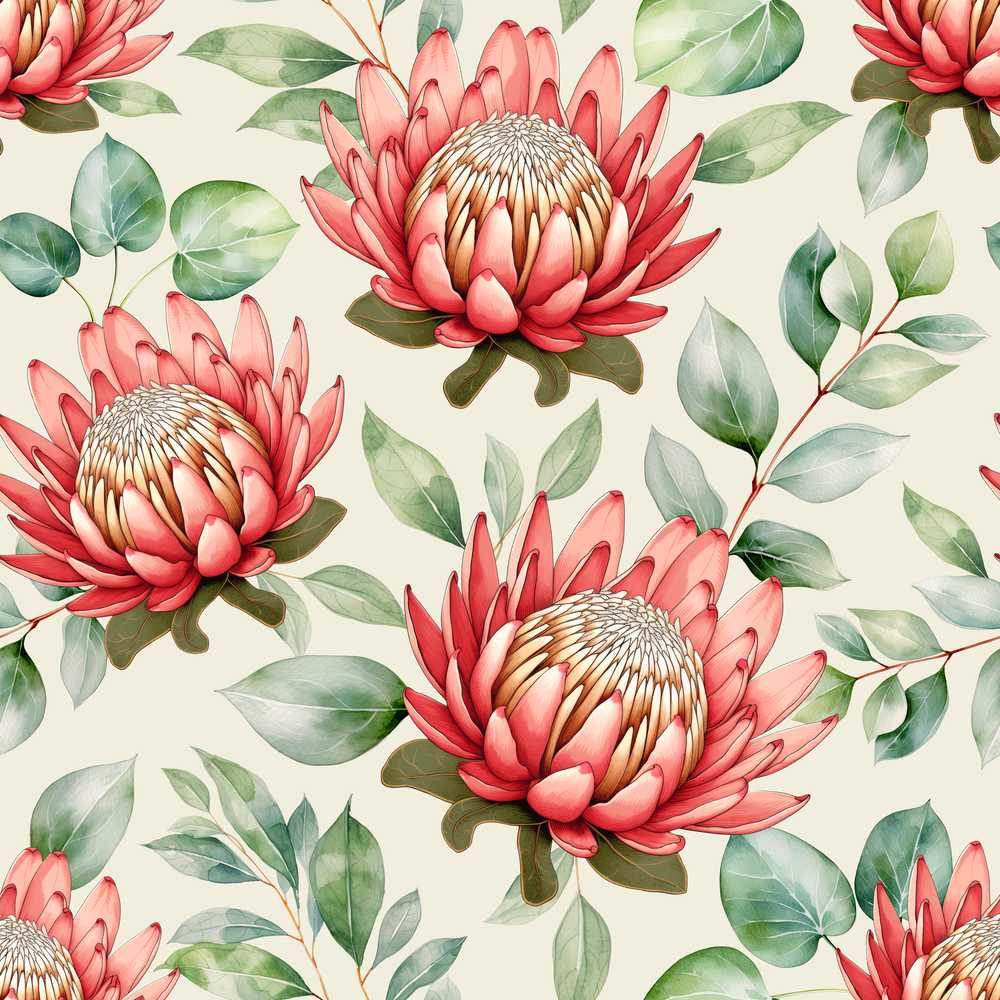 Coral Protea Flowers with Green Leaves Seamless Botanical Wildflower