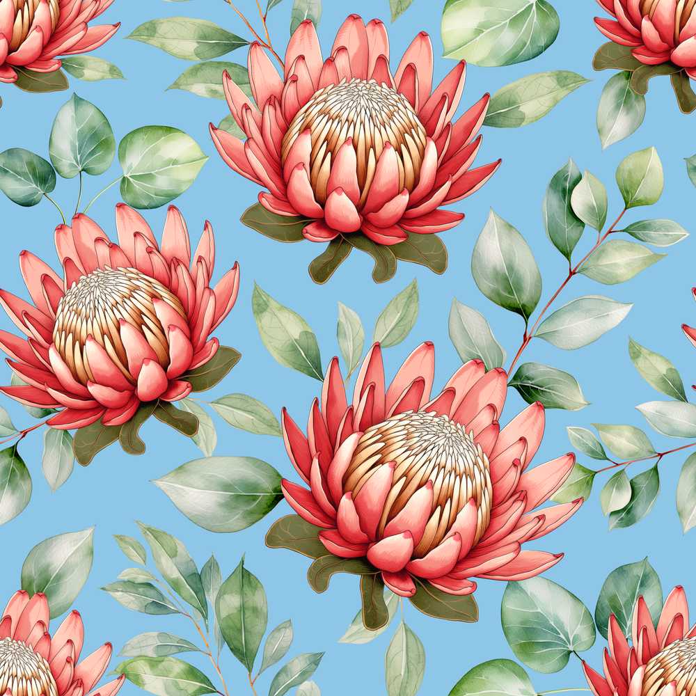 Coral Protea Flowers on Soft Blue Background Seamless Botanical
