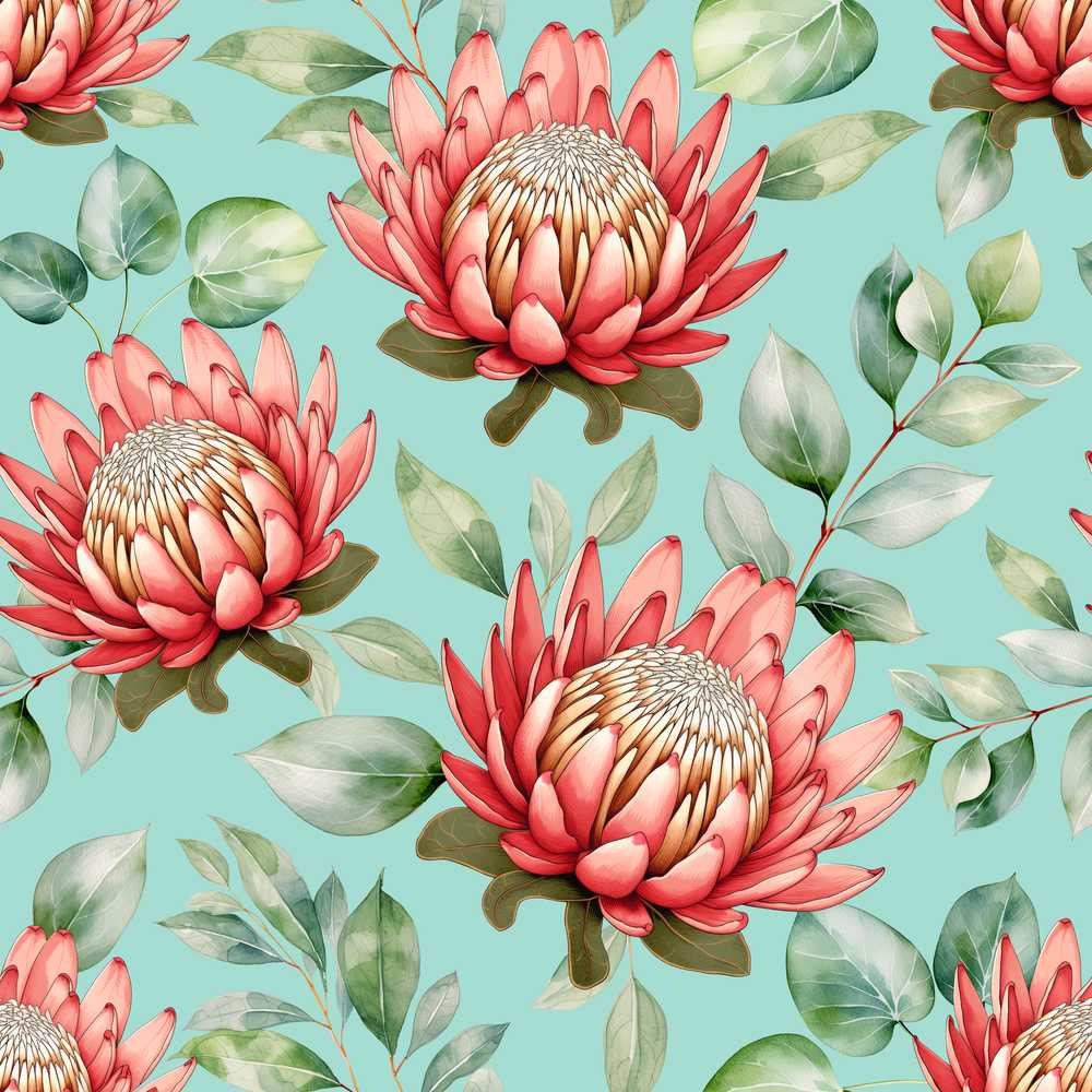 Coral Protea Flowers on Teal Background Seamless Botanical Wildflower