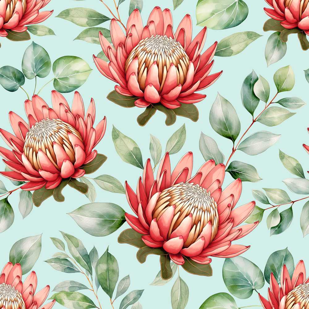 Coral Protea Flowers on Soft Mint Background Seamless Botanical