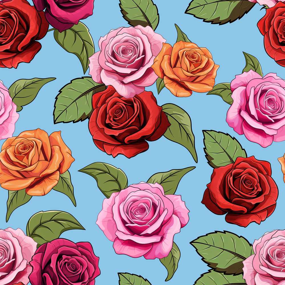 Colorful Roses on Sky Blue Background Seamless Floral Wildflower