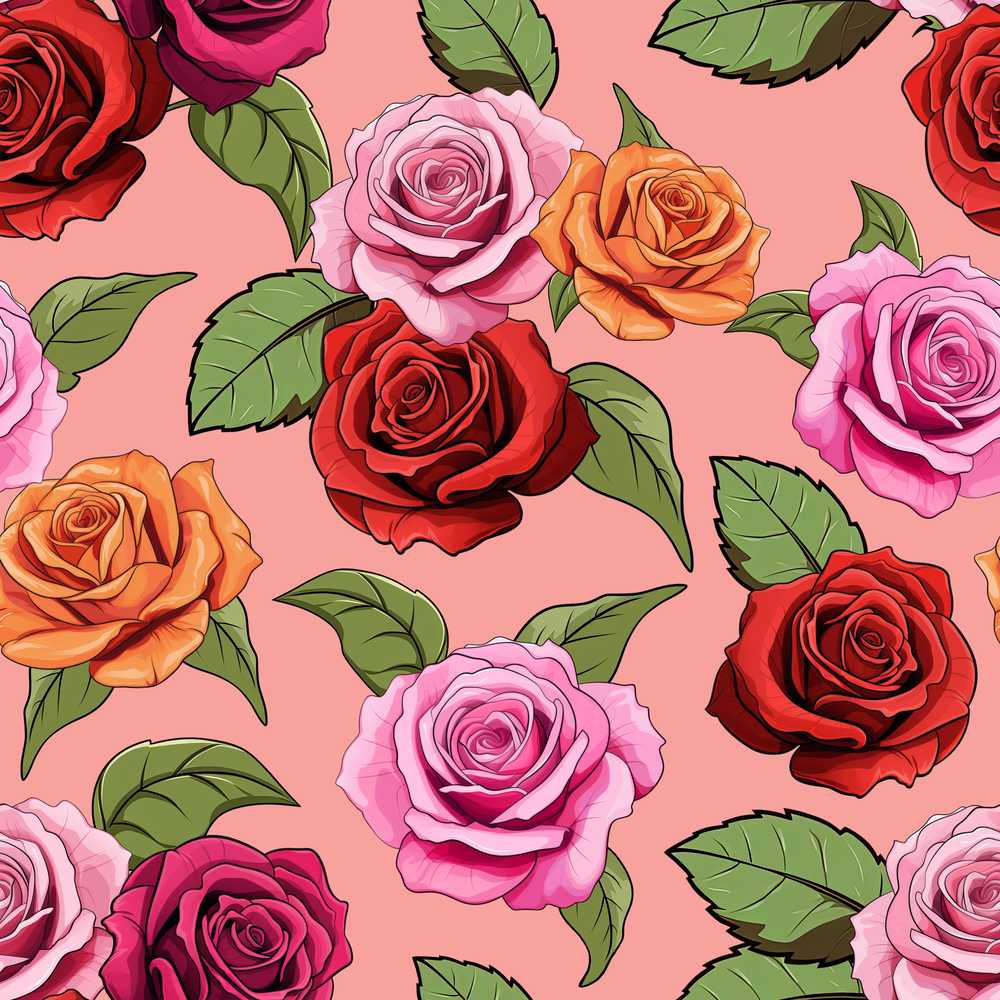 Colorful Roses on Coral Pink Background Seamless Floral Wildflower