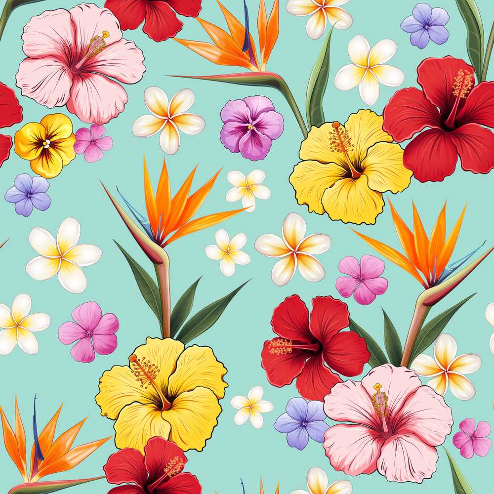 Tropical Hibiscus Bird of Paradise Teal Background Decorative