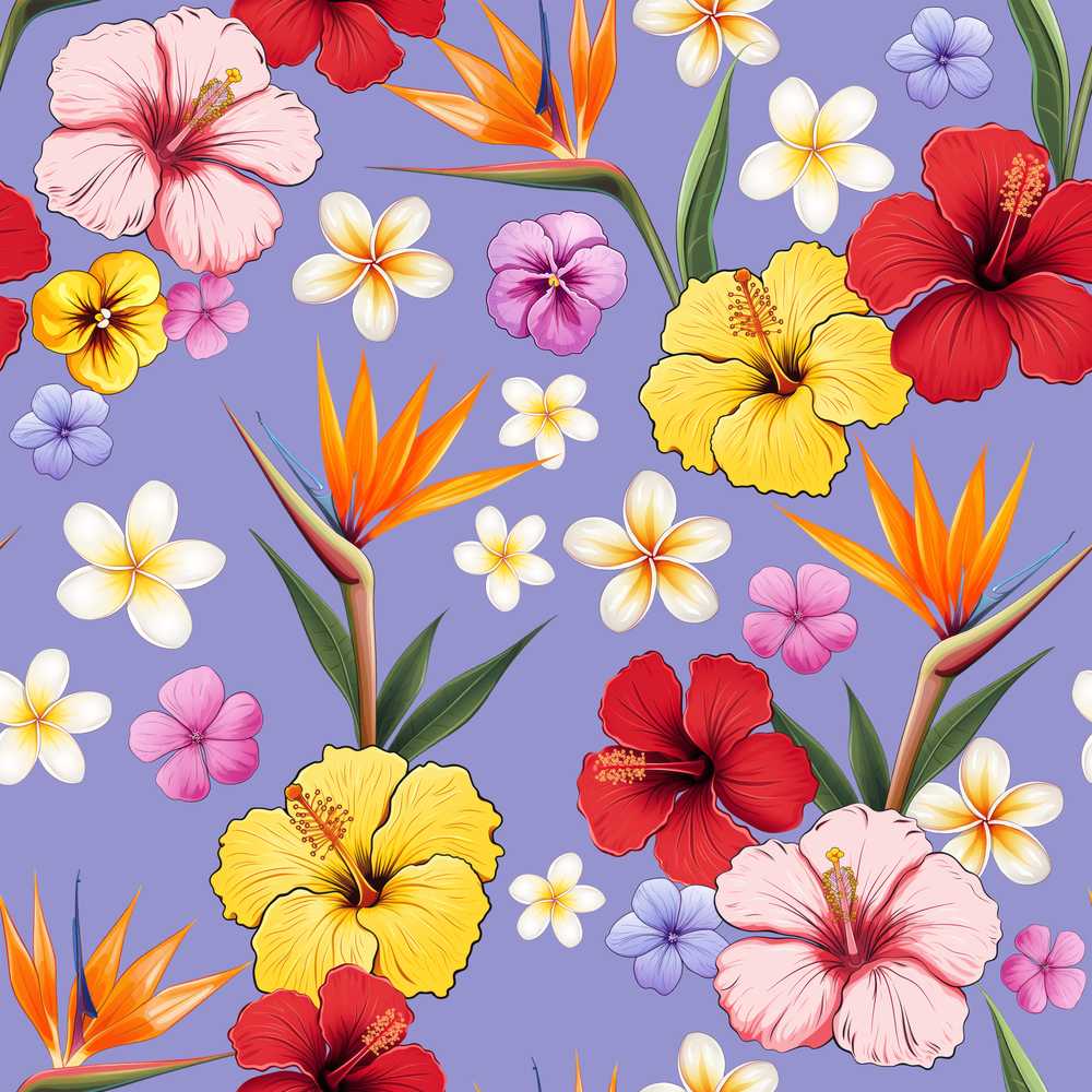Tropical Hibiscus Bird of Paradise Purple Background Decorative