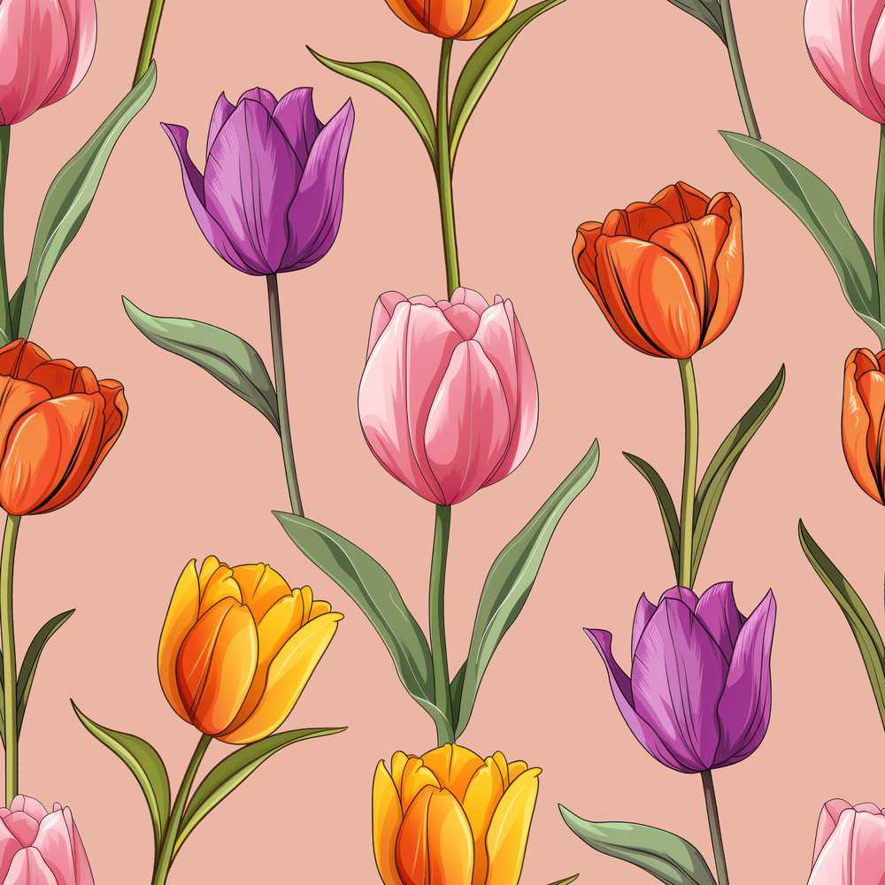 Elegant Tulip Floral Peach Background Spring Flowers Wildflower Pattern