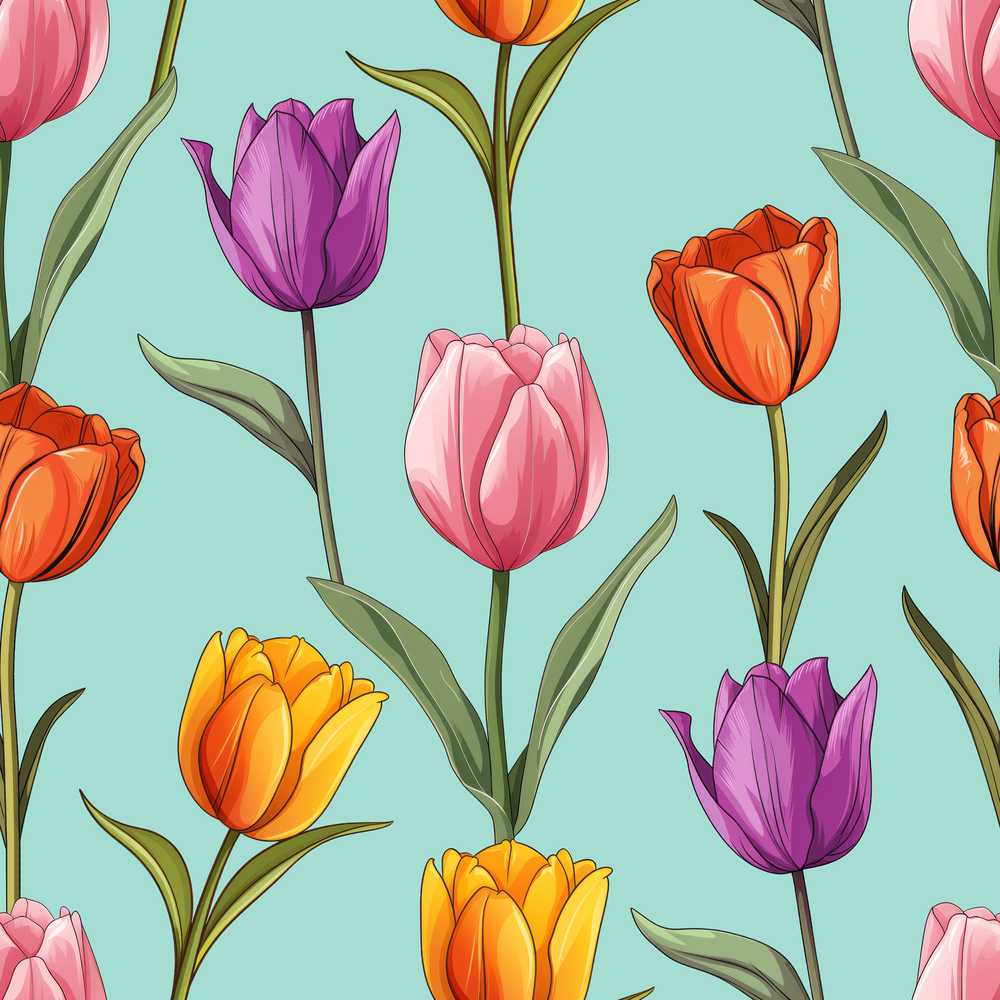 Elegant Tulip Floral Teal Background Spring Flowers Wildflower Pattern