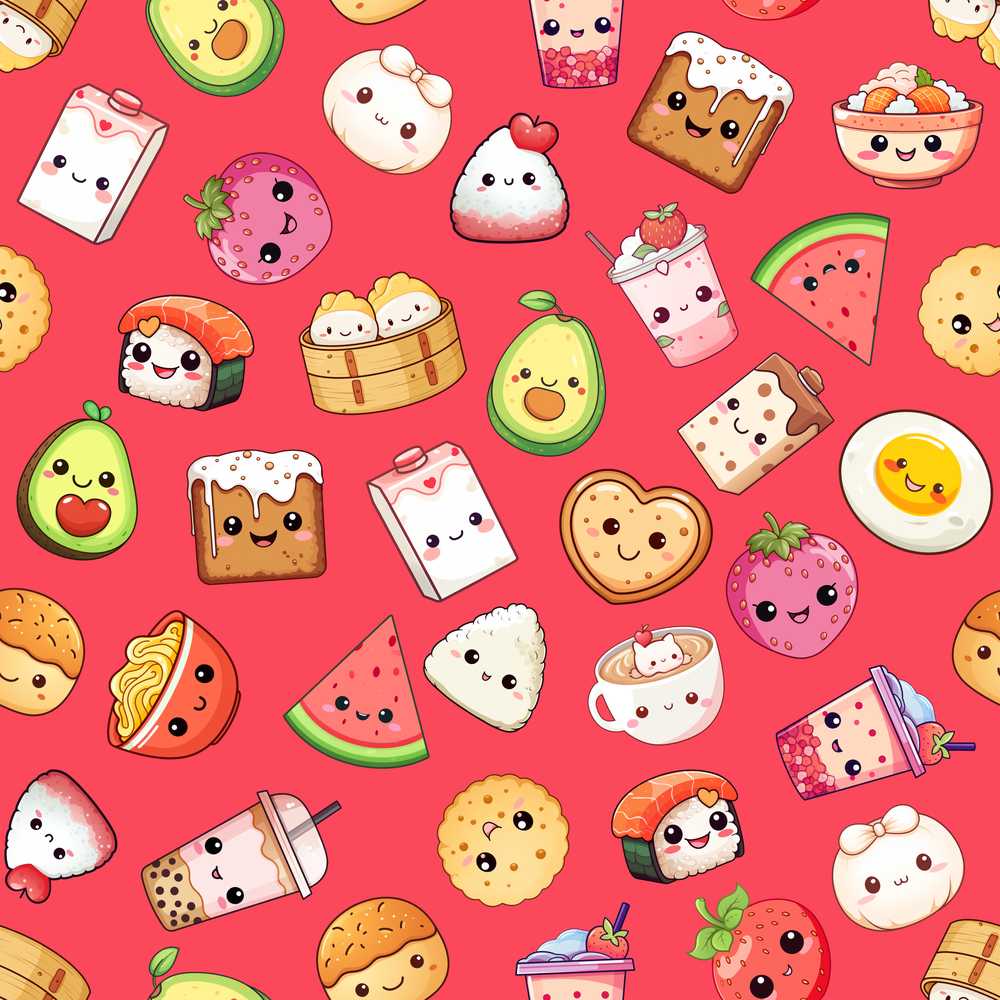 Cute Kawaii Food Characters Red Background Fun Snacks