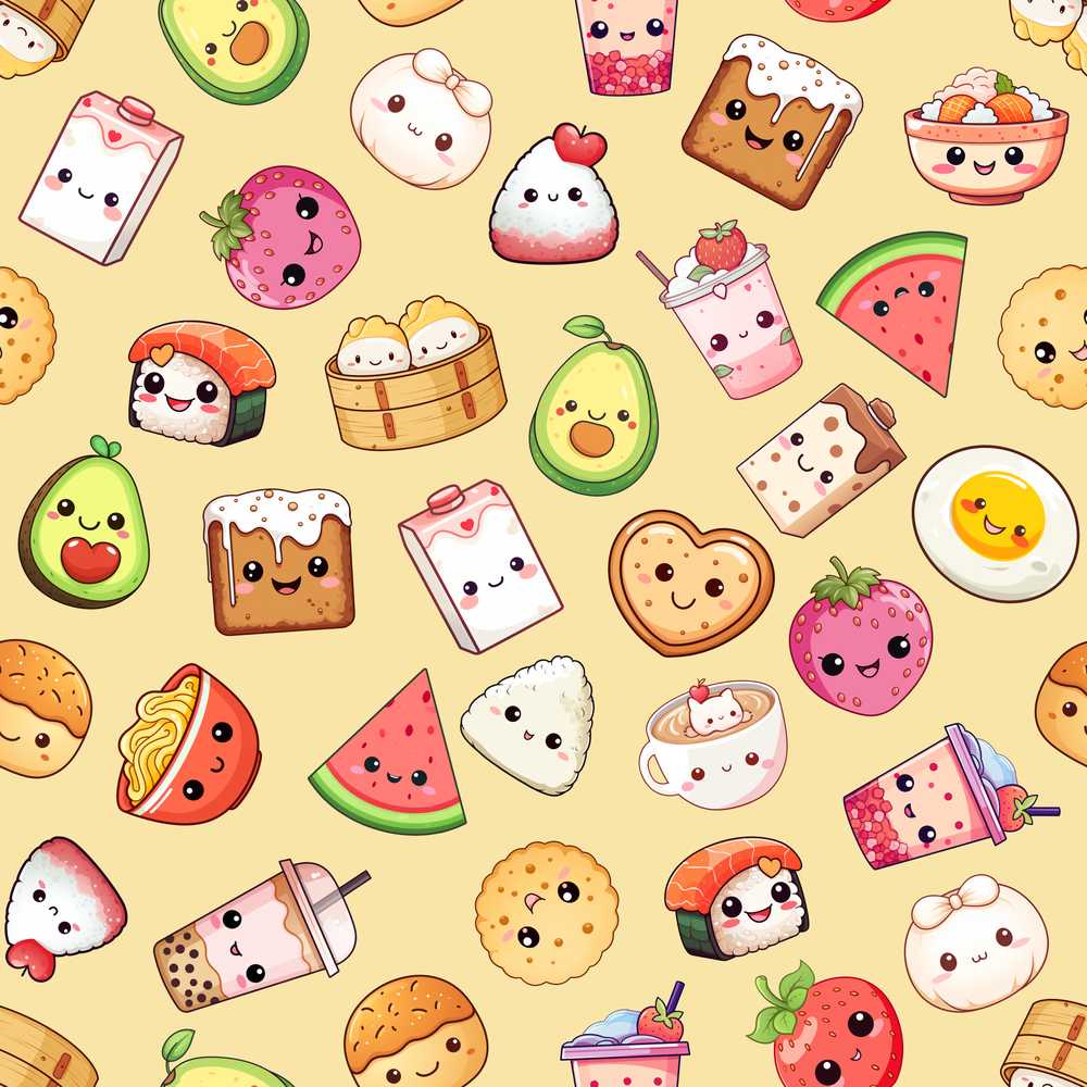 Cute Kawaii Food Characters Yellow Background Fun Snacks