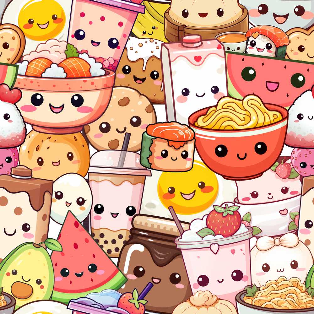 Cute Kawaii Food Characters Cream Background Fun Snacks
