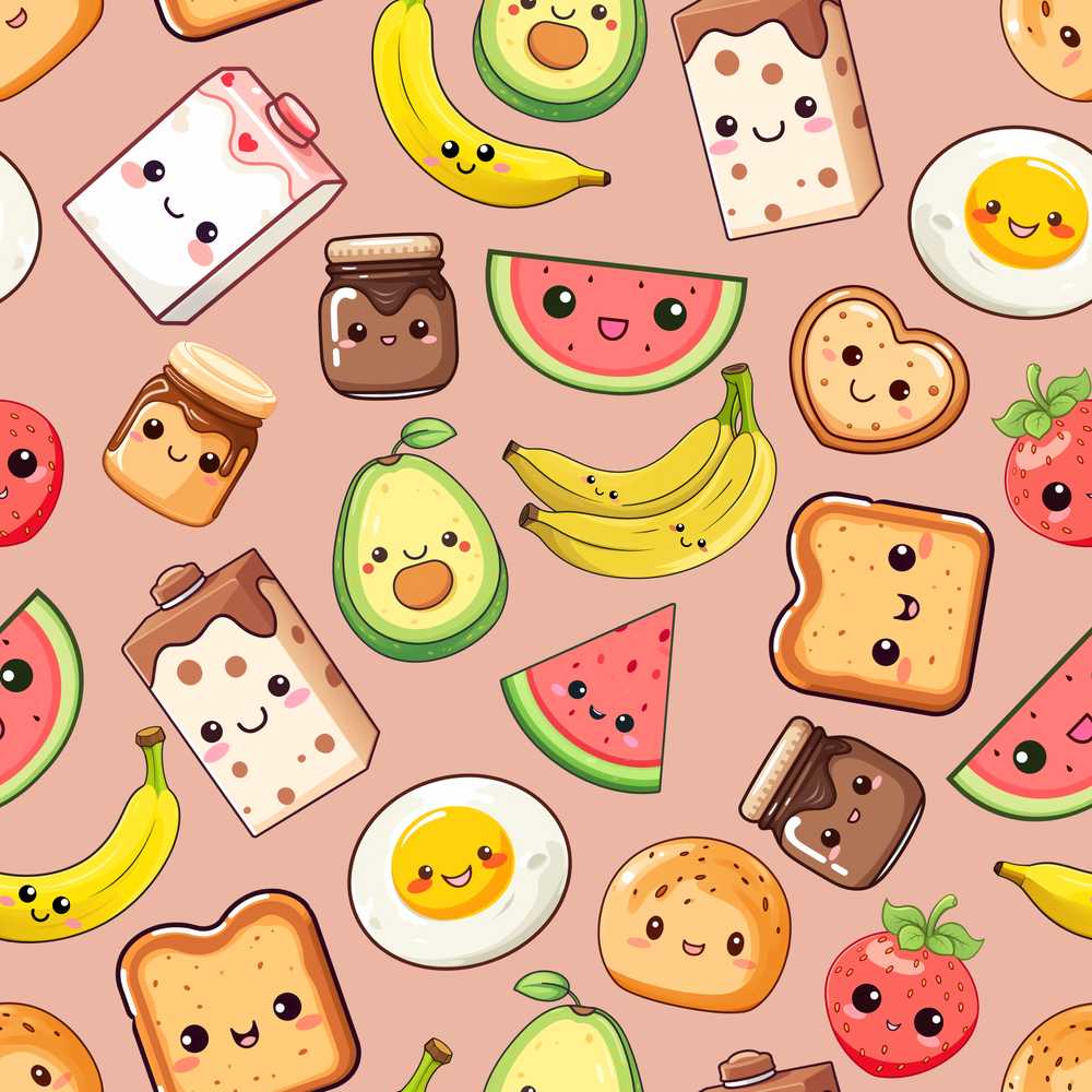 Cute Kawaii Breakfast Food Beige Background Fun Snacks