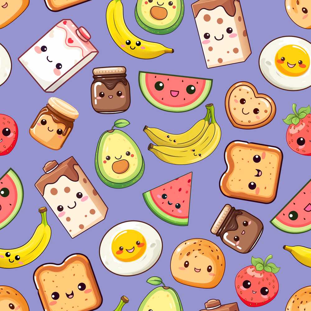 Cute Kawaii Breakfast Food Purple Background Fun Snacks