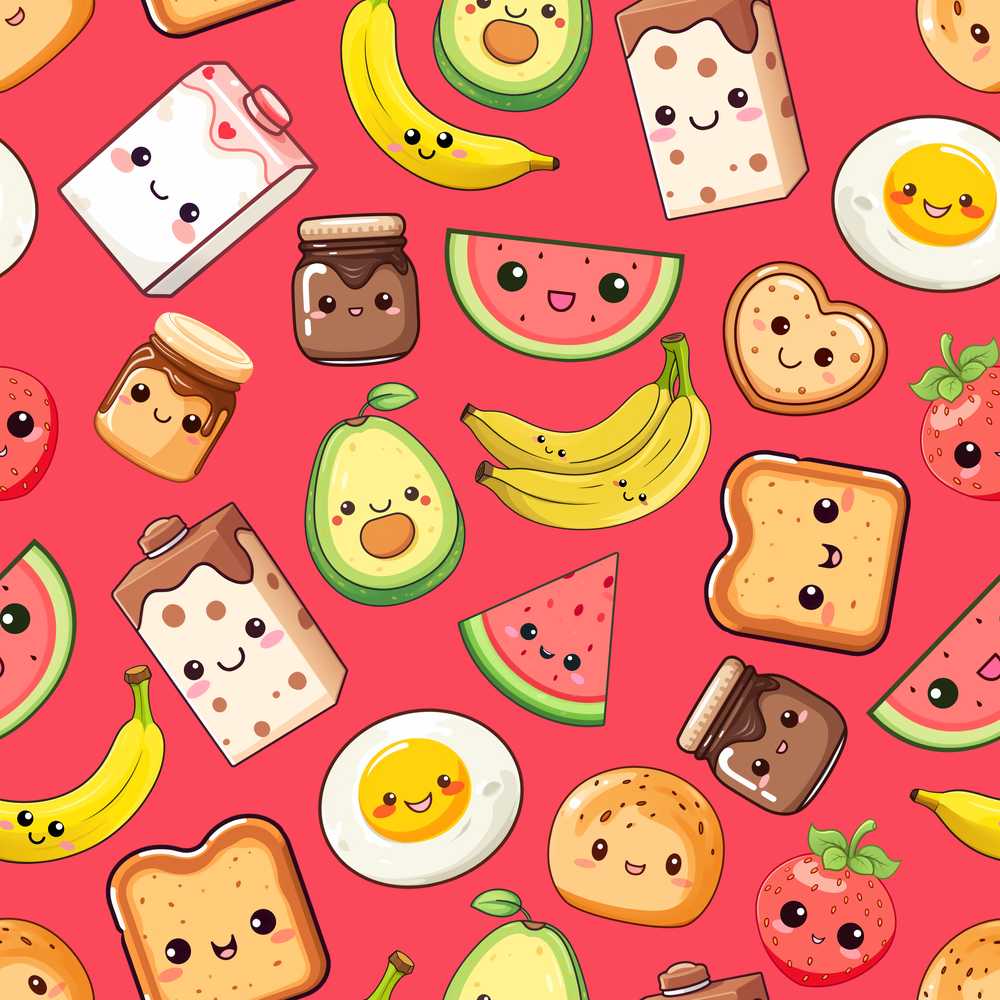 Cute Kawaii Breakfast Food Red Background Fun Snacks