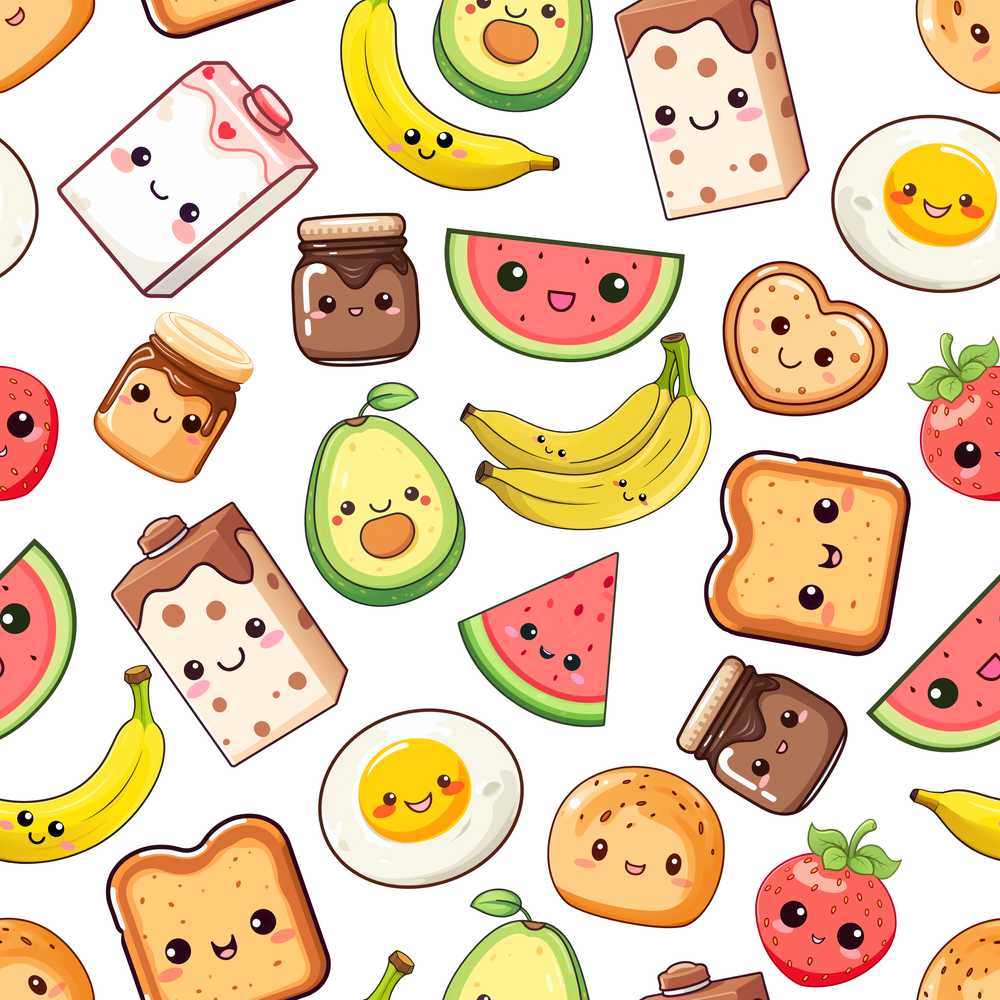 Cute Kawaii Breakfast Food Grey Background Fun Snacks
