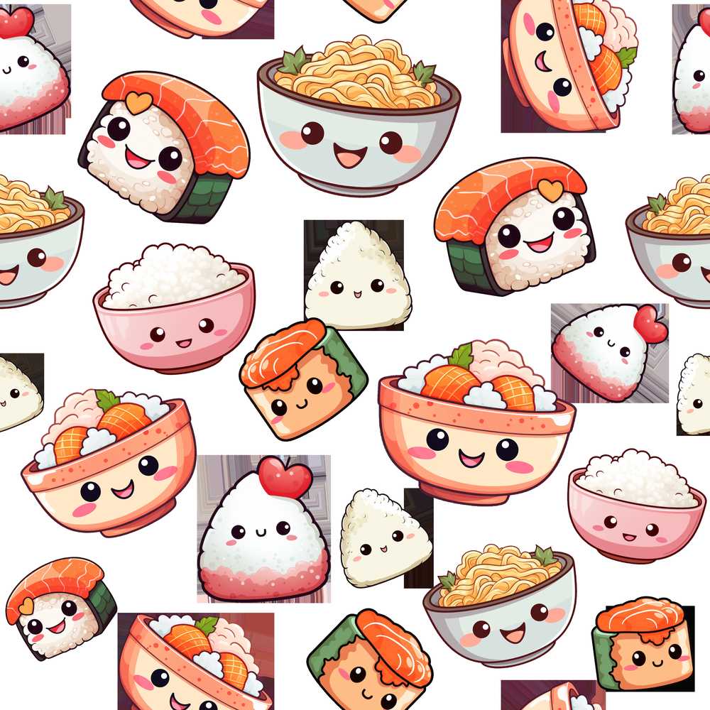 Cute Kawaii Sushi And Japanese Food White Background