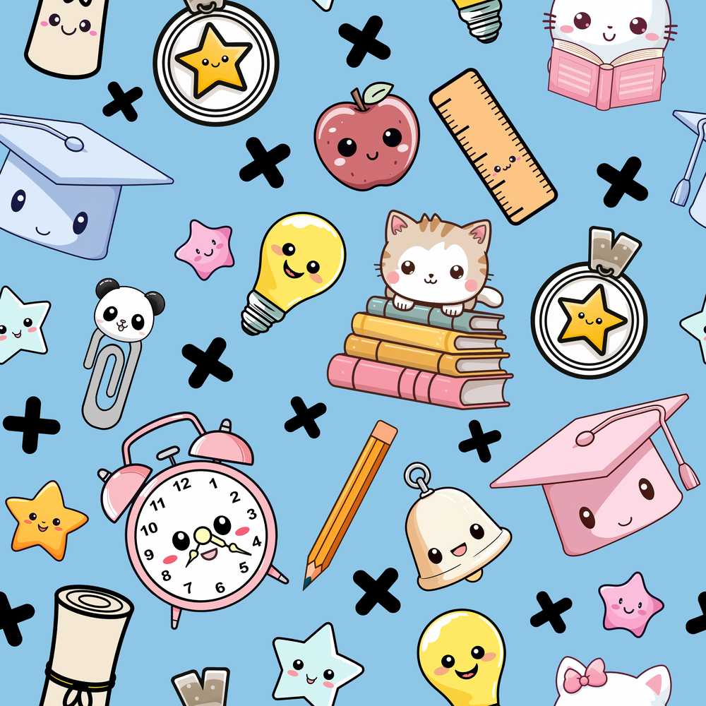 Cute Kawaii School Supplies And Study Blue Background