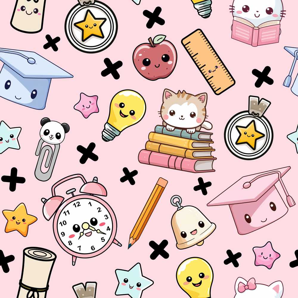 Cute Kawaii School Supplies And Study Pink Background