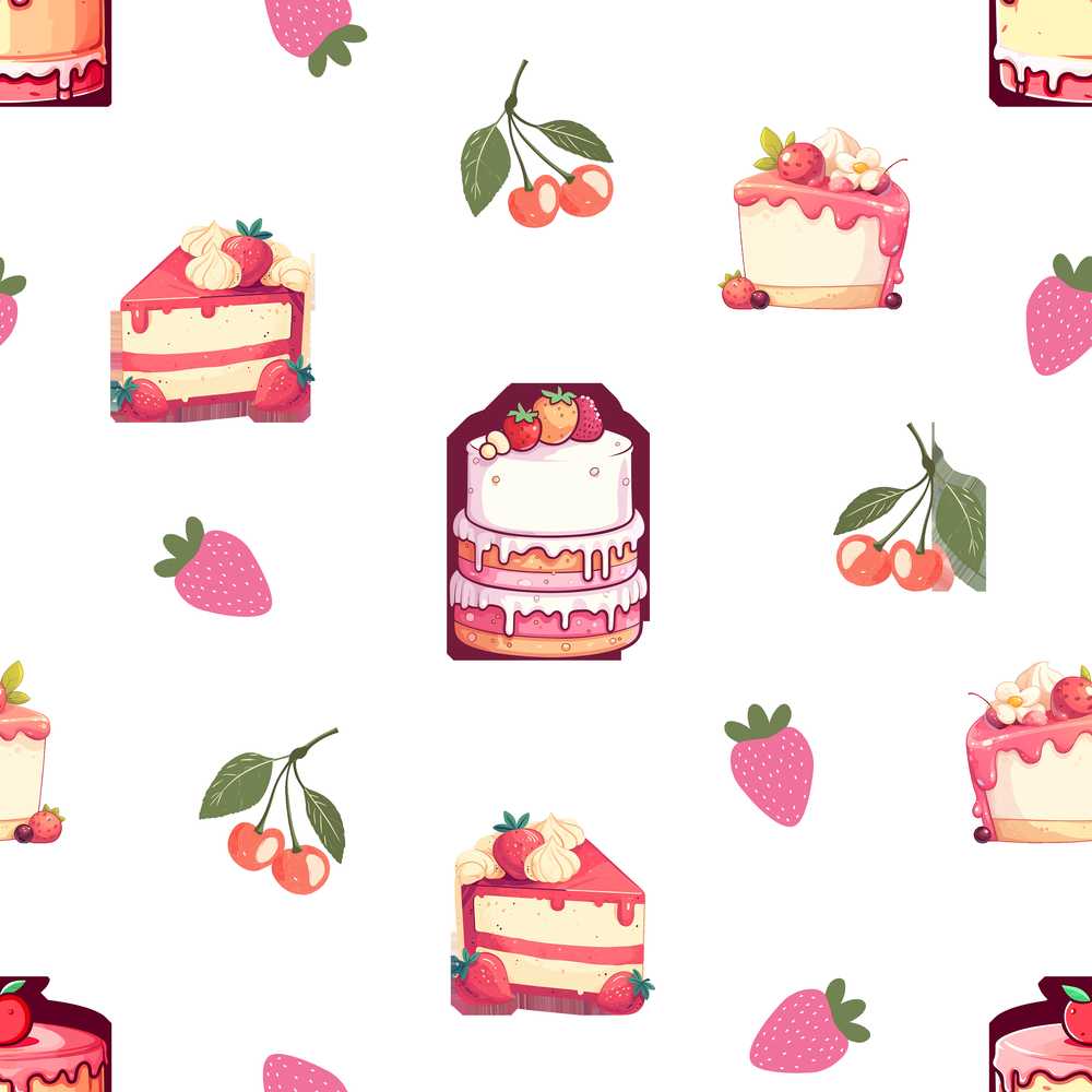 Cute Strawberry And Cake Dessert White Background Illustration