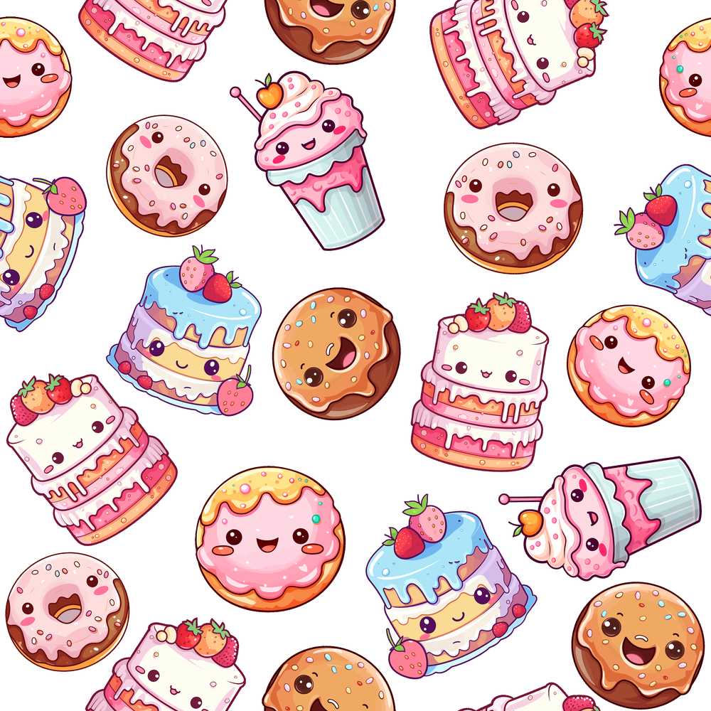Cute Kawaii Donuts Cakes and Cupcakes with Smiling Faces