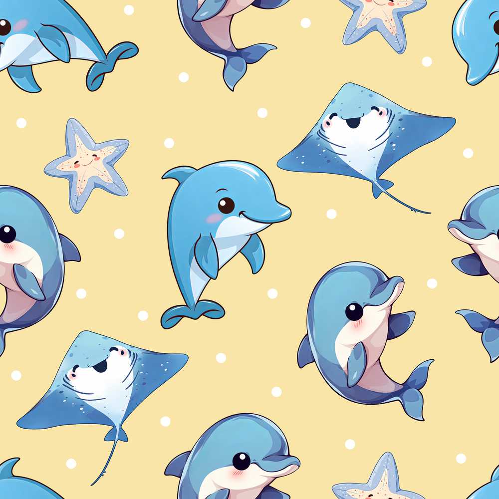 Cute Dolphins Stingrays and Starfish Ocean Animals Illustration
