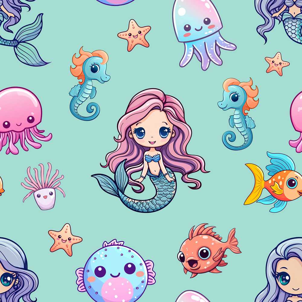 Cute Kawaii Mermaid Seahorse Jellyfish and Starfish Mint Background