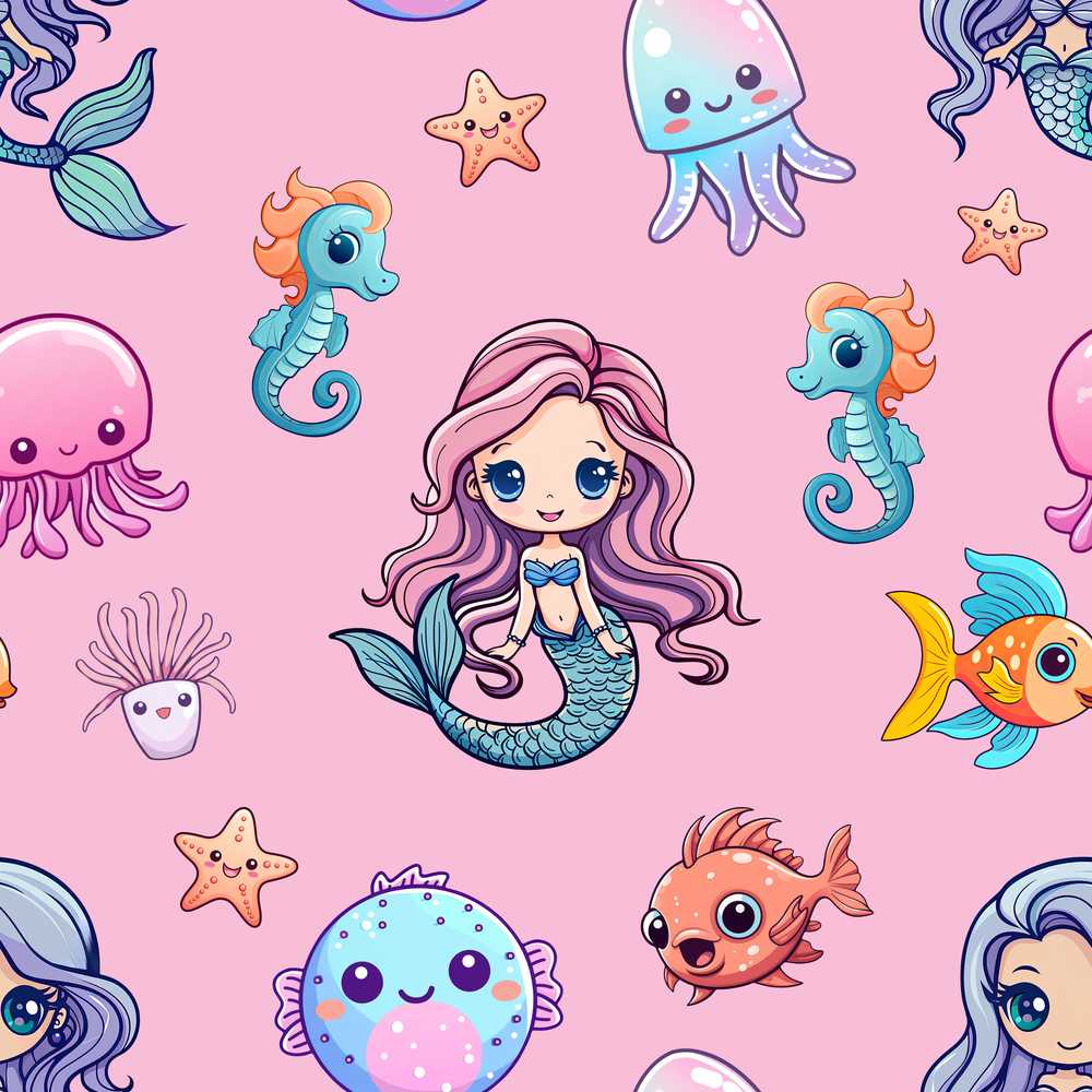 Cute Kawaii Mermaid Seahorse Jellyfish and Starfish Soft Pink Background