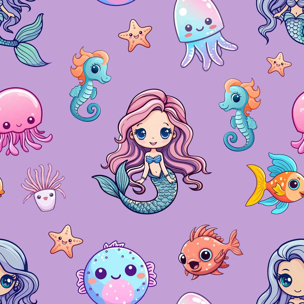 Cute Kawaii Mermaid Seahorse Jellyfish and Starfish Purple Background