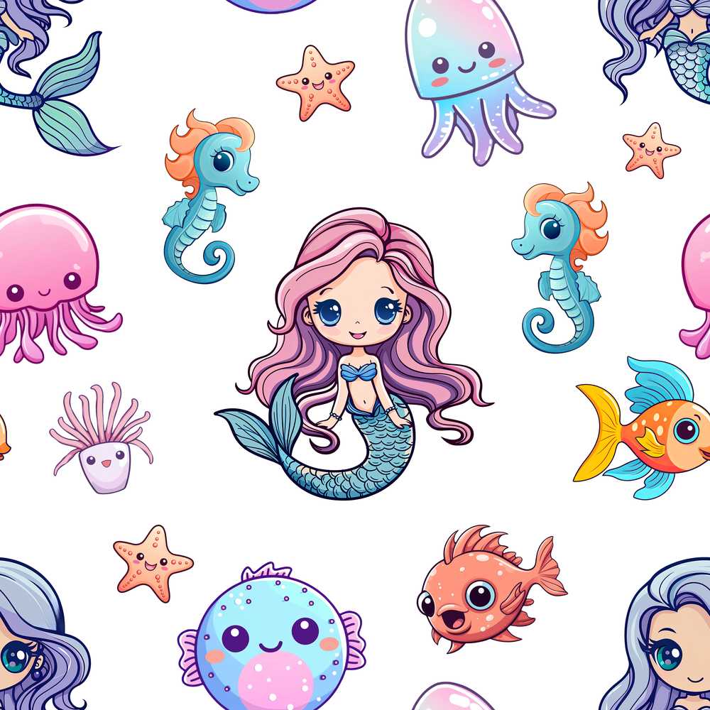 Cute Kawaii Mermaid Seahorse Jellyfish and Starfish Light Grey Background