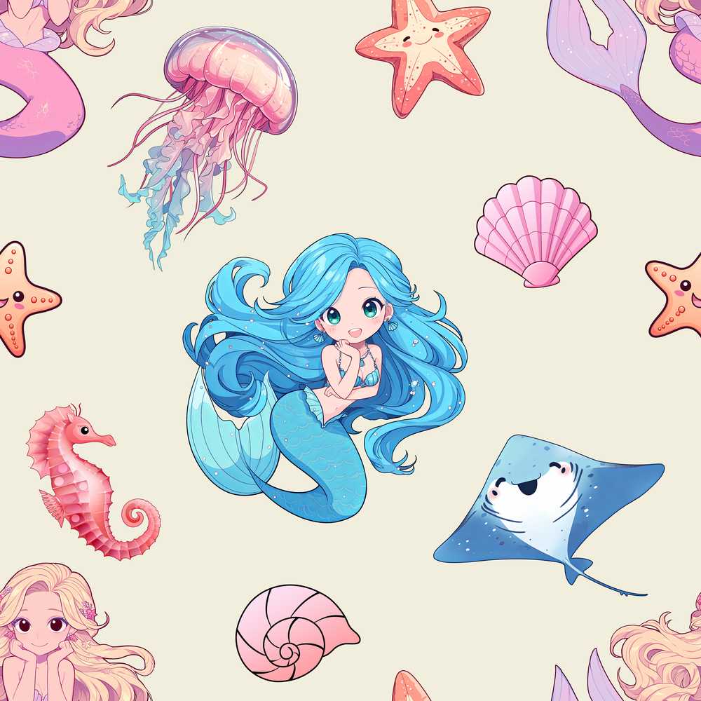 Cute Blue Hair Mermaid Jellyfish Seahorse and Ocean Creatures