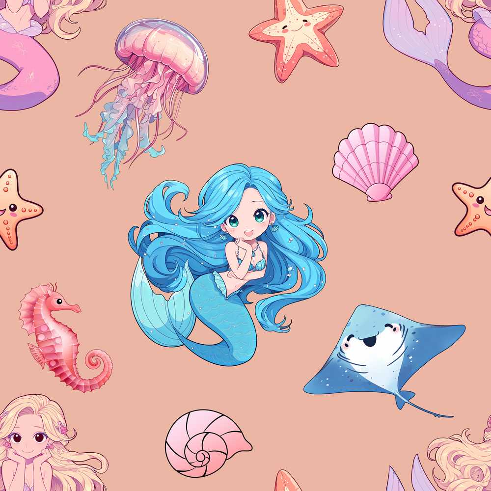 Cute Blue Hair Mermaid Jellyfish Seahorse Peach Background