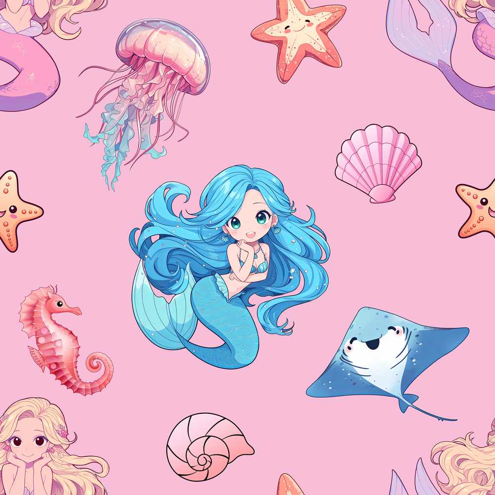 Cute Blue Mermaid Jellyfish Seahorse and Ocean Creatures Soft Pink